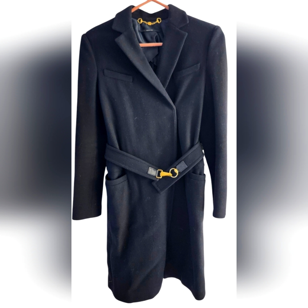 Gucci $2,799 Wool Belted Coat Size 40 Italian (4US) black gold buckle logo